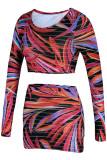 Red Sexy Print Patchwork O Neck Long Sleeve Two Pieces