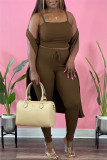 Coffee Sexy Casual Solid Cardigan Vests Pants Sleeveless Three-piece Set