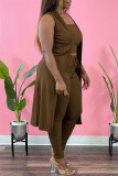 Coffee Sexy Casual Solid Cardigan Vests Pants Sleeveless Three-piece Set