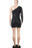 Champagne Sexy Solid Sequins Patchwork Oblique Collar Pencil Skirt Dresses