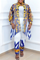 Blue Fashion Casual Print Hollowed Out O Neck Plus Size Three-piece Set