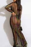 Black Sexy Print Patchwork Buckle See-through Turndown Collar One Step Skirt Dresses