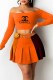 Tangerine Red Fashion Sweet Print Patchwork Letter Off the Shoulder Long Sleeve Two Pieces