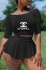 Black Fashion Sportswear Print Letter Off the Shoulder Three Quarter Two Pieces