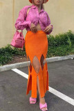 Orange Sexy Solid Hollowed Out Patchwork Regular High Waist Pencil Solid Color Bottoms