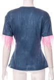 Dark Gray Fashion Print Patchwork O Neck T-Shirts