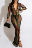 Black Sexy Print Patchwork Buckle See-through Turndown Collar One Step Skirt Dresses