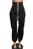 Black Casual Street Solid Bandage Patchwork High Waist Wide Leg Solid Color Bottoms