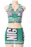 Green Casual Print Solid Patchwork Halter Sleeveless Two Pieces