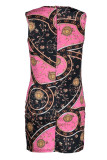 Pink Casual Print Patchwork Buttons O Neck One Step Skirt Dresses