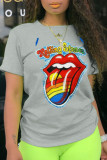 Grey Fashion Casual Lips Printed Patchwork O Neck T-Shirts