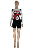 White Fashion Casual Lips Printed Patchwork O Neck Short Sleeve Two Pieces