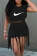 Black Fashion Street Print Tassel O Neck Short Sleeve Two Pieces