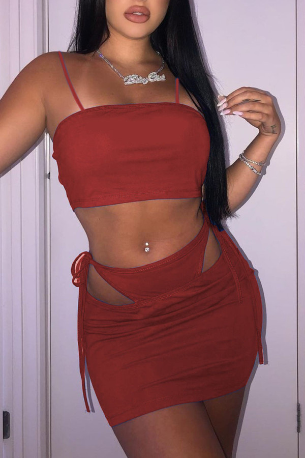Burgundy Sexy Solid Bandage Hollowed Out Patchwork Spaghetti Strap Sleeveless Two Pieces