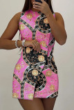 Pink Casual Print Patchwork Buttons O Neck One Step Skirt Dresses