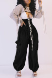 Black Casual Street Solid Bandage Patchwork High Waist Wide Leg Solid Color Bottoms