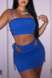 Royal Blue Sexy Solid Bandage Hollowed Out Patchwork Spaghetti Strap Sleeveless Two Pieces