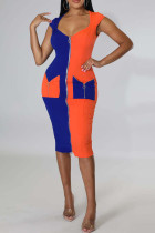 Blue Fashion Sexy Solid Patchwork V Neck Short Sleeve Dress