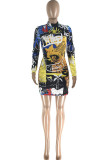 Multicolor Fashion Casual Print Patchwork O Neck Long Sleeve Dresses