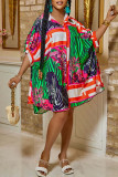 Rose Red Fashion Casual Print Patchwork Buckle Turndown Collar Straight Dresses