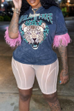 Dark Gray Fashion Print Patchwork O Neck T-Shirts