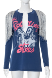 Deep Blue Fashion Print Tassel V Neck Tops