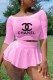 Pink Fashion Sportswear Print Letter Off the Shoulder Three Quarter Two Pieces