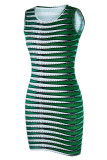 Light Blue Casual Print Patchwork O Neck Pencil Skirt Dresses
