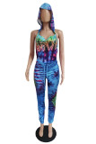Blue Fashion Sexy Print Tie Dye Backless Hooded Collar Skinny Jumpsuits