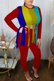 Red Casual Print Patchwork Slit O Neck Short Sleeve Two Pieces
