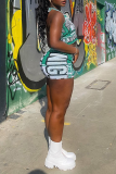 Green Casual Print Solid Patchwork Halter Sleeveless Two Pieces