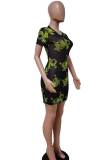 Black Sexy Print Patchwork See-through O Neck Pencil Skirt Dresses
