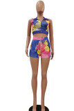Cyan Fashion Casual adult Ma'am Patchwork Print Tie Dye Two Piece Suits pencil Sleeveless Two Pieces