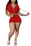 Red Fashion Active adult Patchwork Solid Zippered Two Piece Suits Straight Short Sleeve Two Pieces