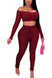 Wine Red Fashion Sexy adult Ma'am Patchwork Solid Two Piece Suits pencil Long Sleeve Two Pieces