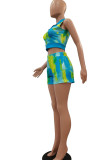 Blue Fashion Casual adult Ma'am Patchwork Print Tie Dye Two Piece Suits pencil Sleeveless Two Pieces