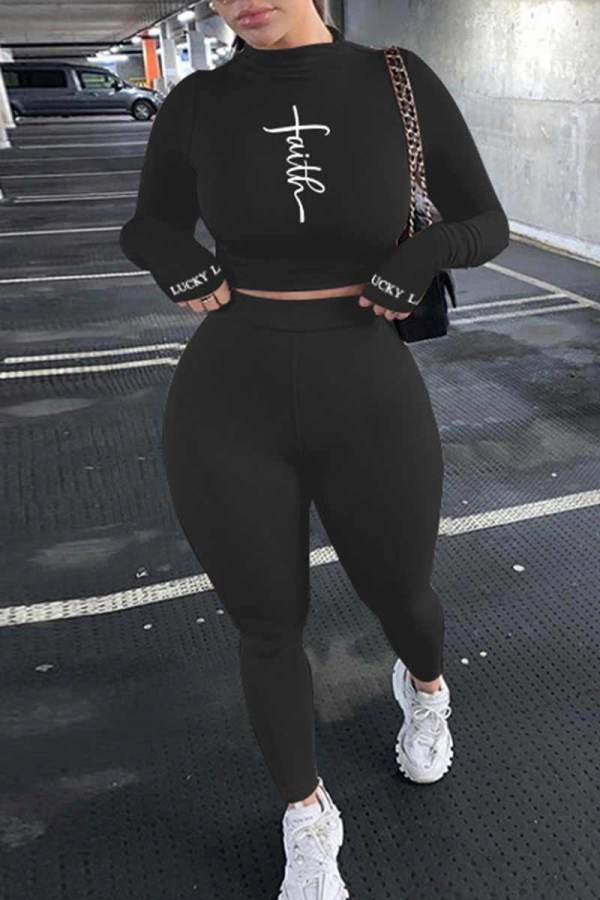 Black Casual Sportswear Print Embroidered Patchwork O Neck Long Sleeve Two Pieces