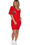 Red Sexy Fashion Ma'am adult Leopard Two Piece Suits Patchwork Straight Short Sleeve Two-Piec