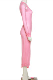 Pink Fashion Sexy Solid Patchwork Frenulum O Neck Irregular Dress Dresses