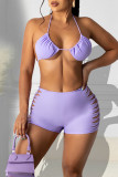 Rose Red Sexy Solid Hollowed Out Frenulum Swimwears