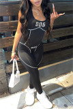 Black Casual Sportswear Print Patchwork Backless U Neck Skinny Jumpsuits