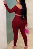 Wine Red Fashion Sexy adult Ma'am Patchwork Solid Two Piece Suits pencil Long Sleeve Two Pieces