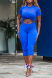 Blue Fashion Casual Solid Hollowed Out O Neck Short Sleeve Two Pieces