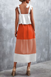 Orange Pink Casual Solid Bandage Patchwork Flounce Spaghetti Strap Straight Dresses
