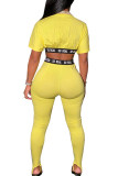 Yellow Milk Silk Fashion Sexy adult Ma'am Letter Patchwork Two Piece Suits pencil Short Sleeve Two Pieces