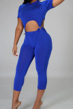 Blue Fashion Casual Solid Hollowed Out O Neck Short Sleeve Two Pieces