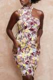 Multicolor Sexy Print Patchwork Asymmetrical O Neck One Step Skirt Dresses