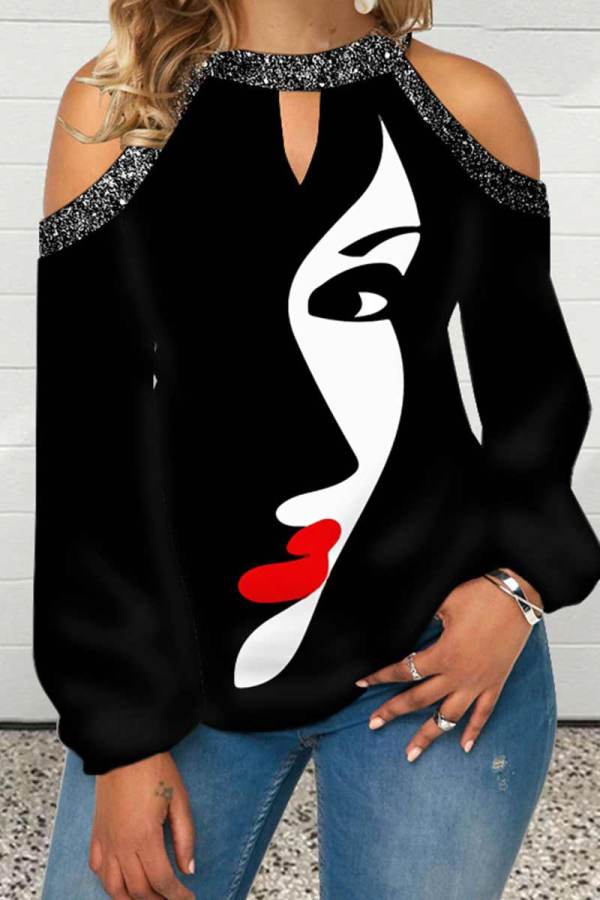 Black Casual Print Hollowed Out Patchwork O Neck Tops
