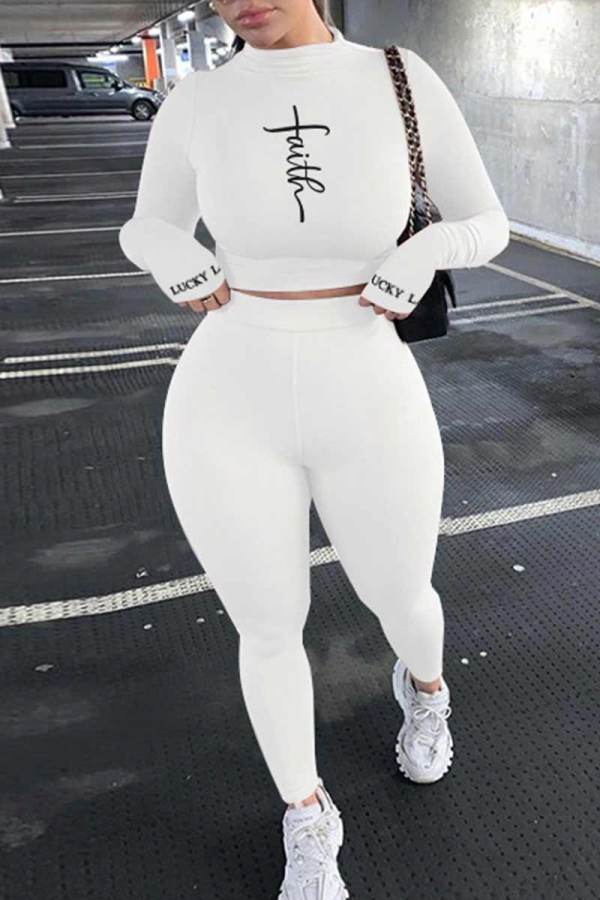 White Casual Sportswear Print Embroidered Patchwork O Neck Long Sleeve Two Pieces