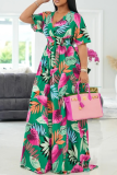 Green Casual Print Patchwork V Neck Waist Skirt Dresses